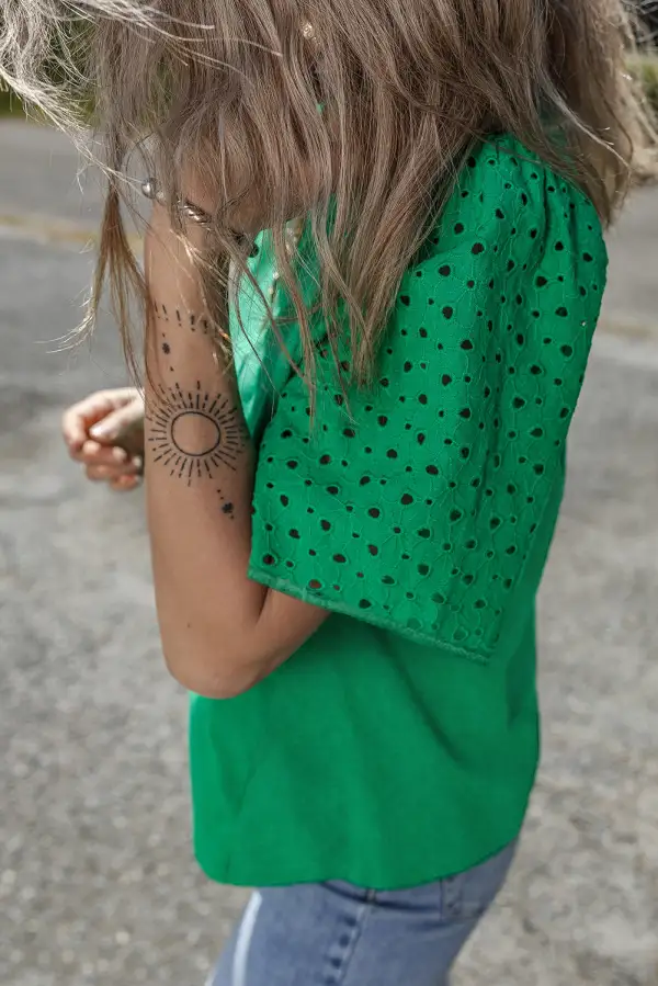 Bright Green Eyelet Embroidered Patchwork