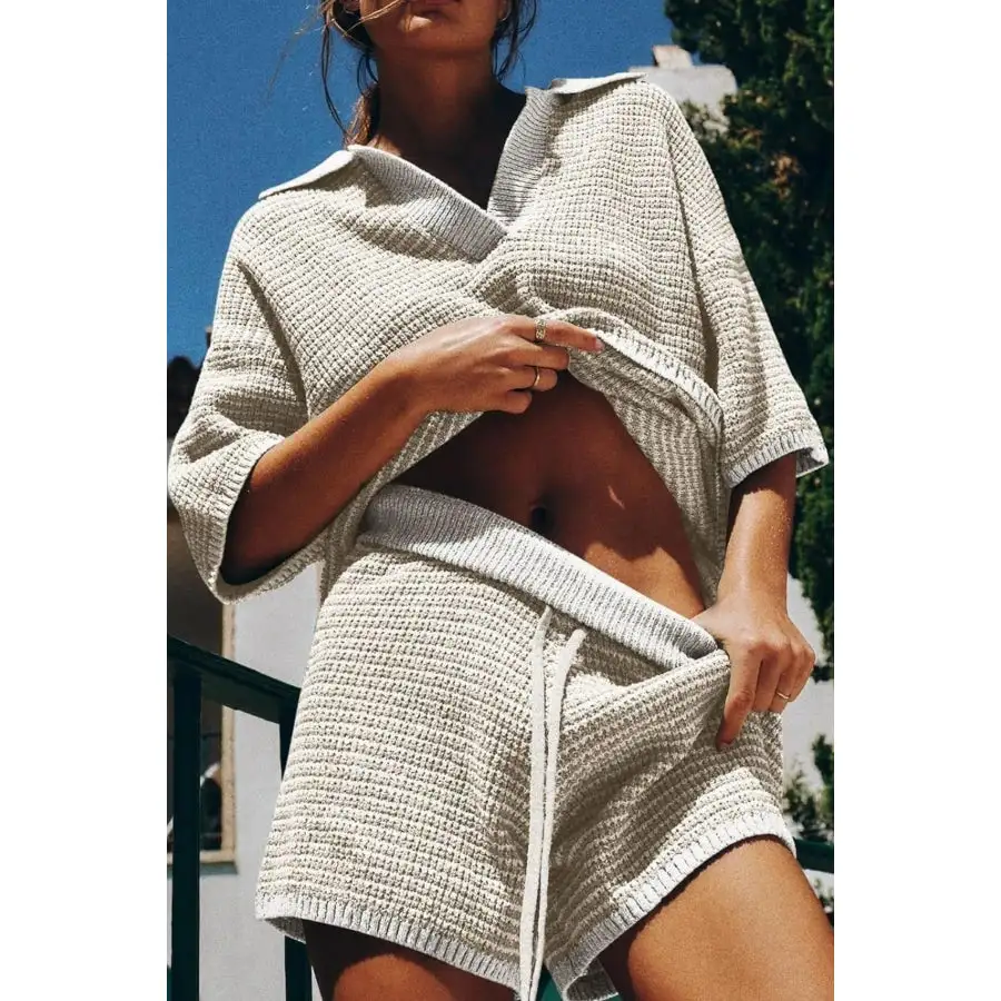 Collared Neck Contrast Striped Top and Shorts Sweater Set