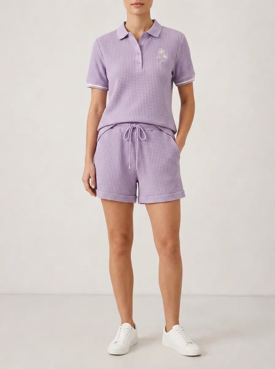Women's Floral Minimalist Dandelion Printed Waffle Polo Shirt