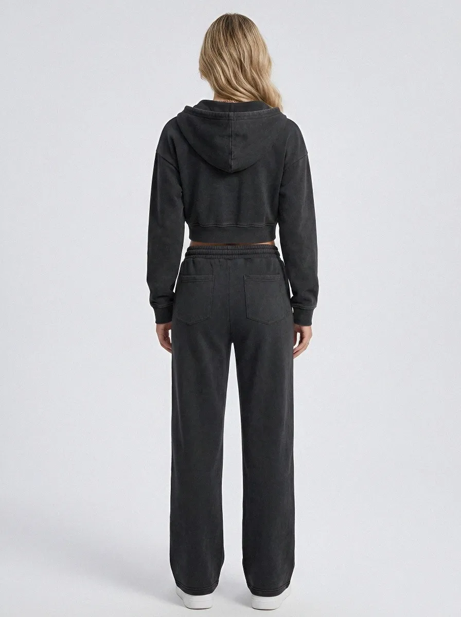 Cropped Zip-Up Vintage-Wash Jogger Women's Cropped Zip-Up Hoodie Jogger Active Set