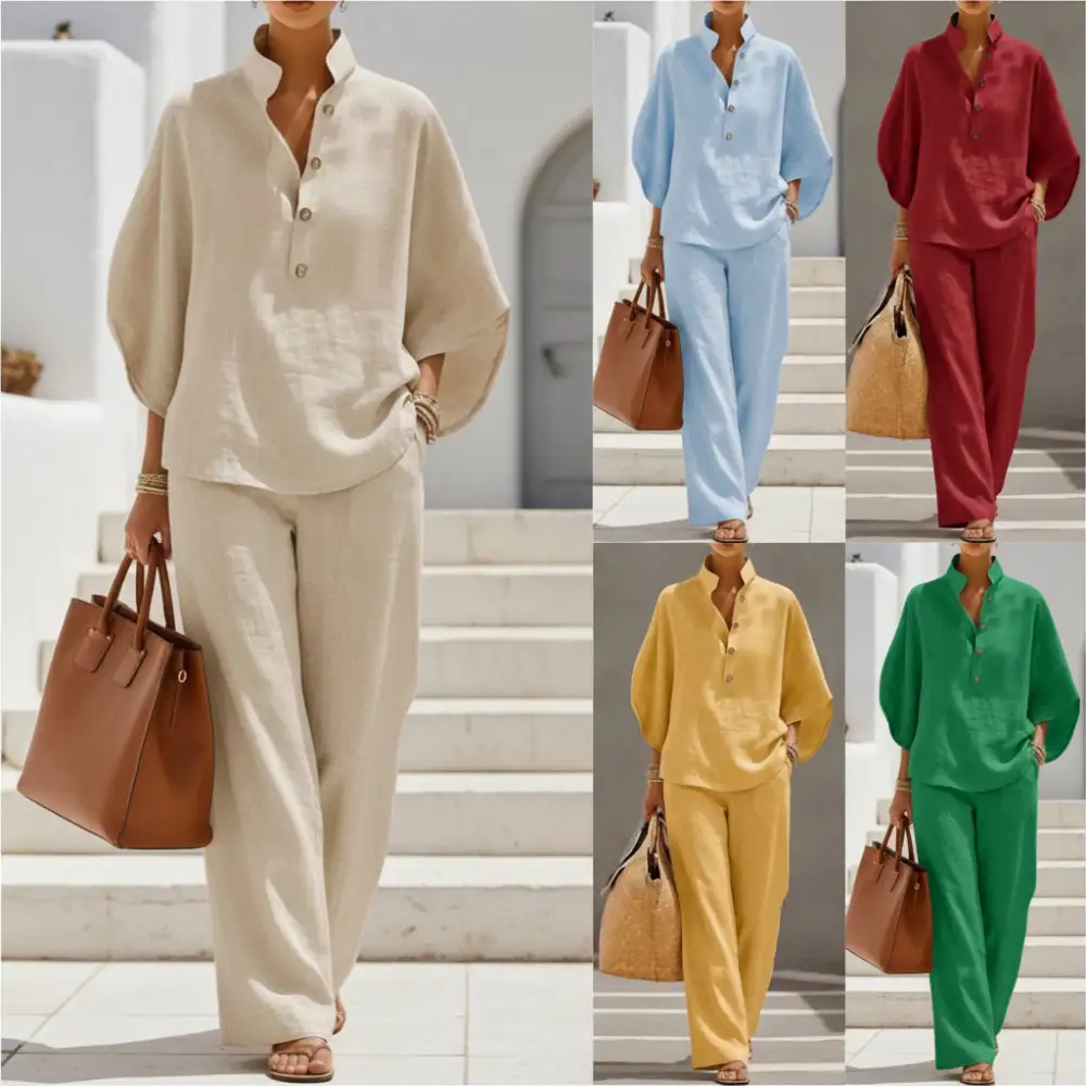Long-Sleeve Linen Checked Women's Matching Set