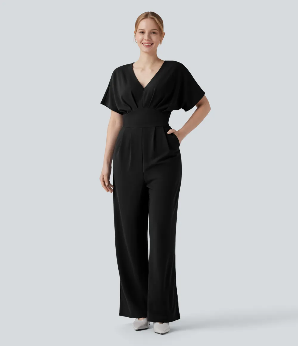 Wrinkle-resistant V-neck Batwing Sleeve Wide Leg Work Jumpsuit with Pockets-Easy Peezy