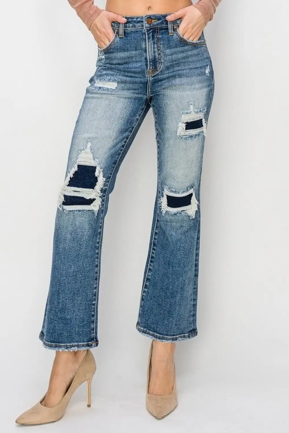 High Rise Distressed Ankle Flared Denim Jeans
