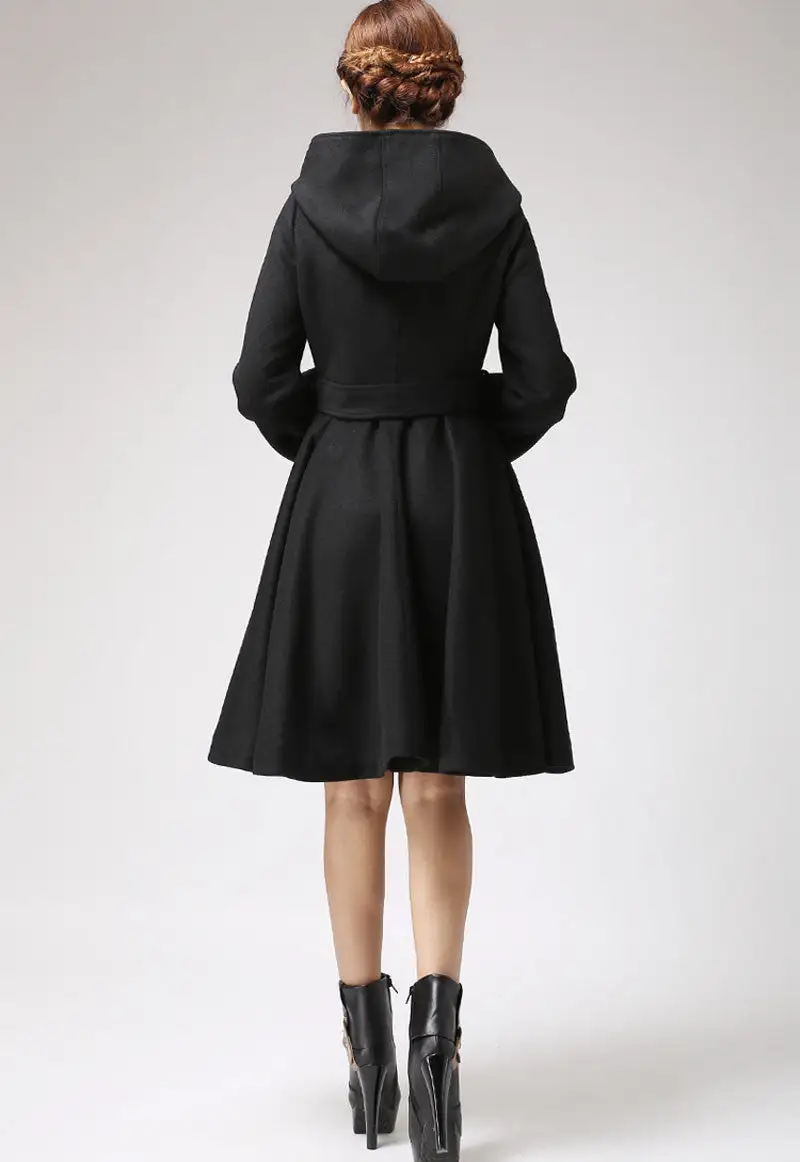 Wool Blend Fit and Flare Hooded Belted Lantern Sleeve Midi Coat