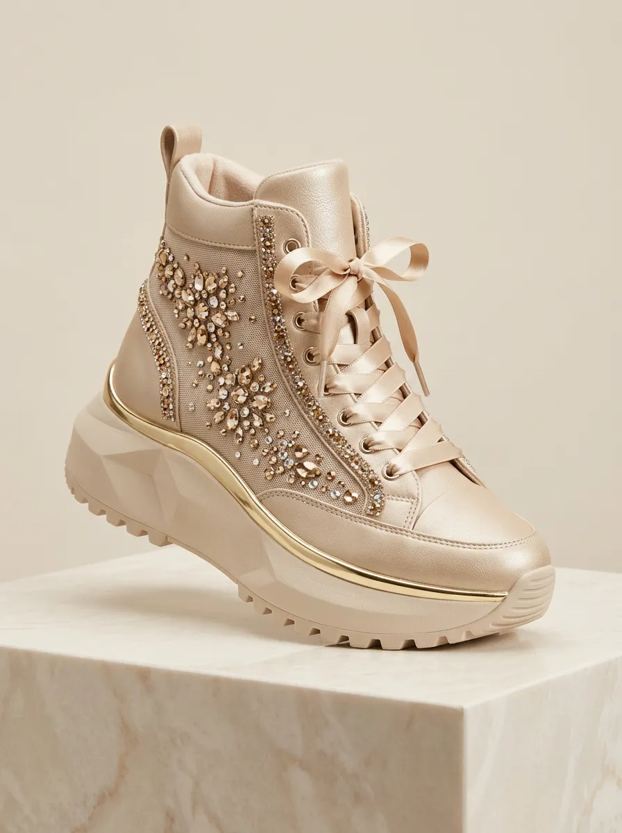 Lace-Detail Mesh Lace-Up High-Top Women's Rhinestone Platform Shoes
