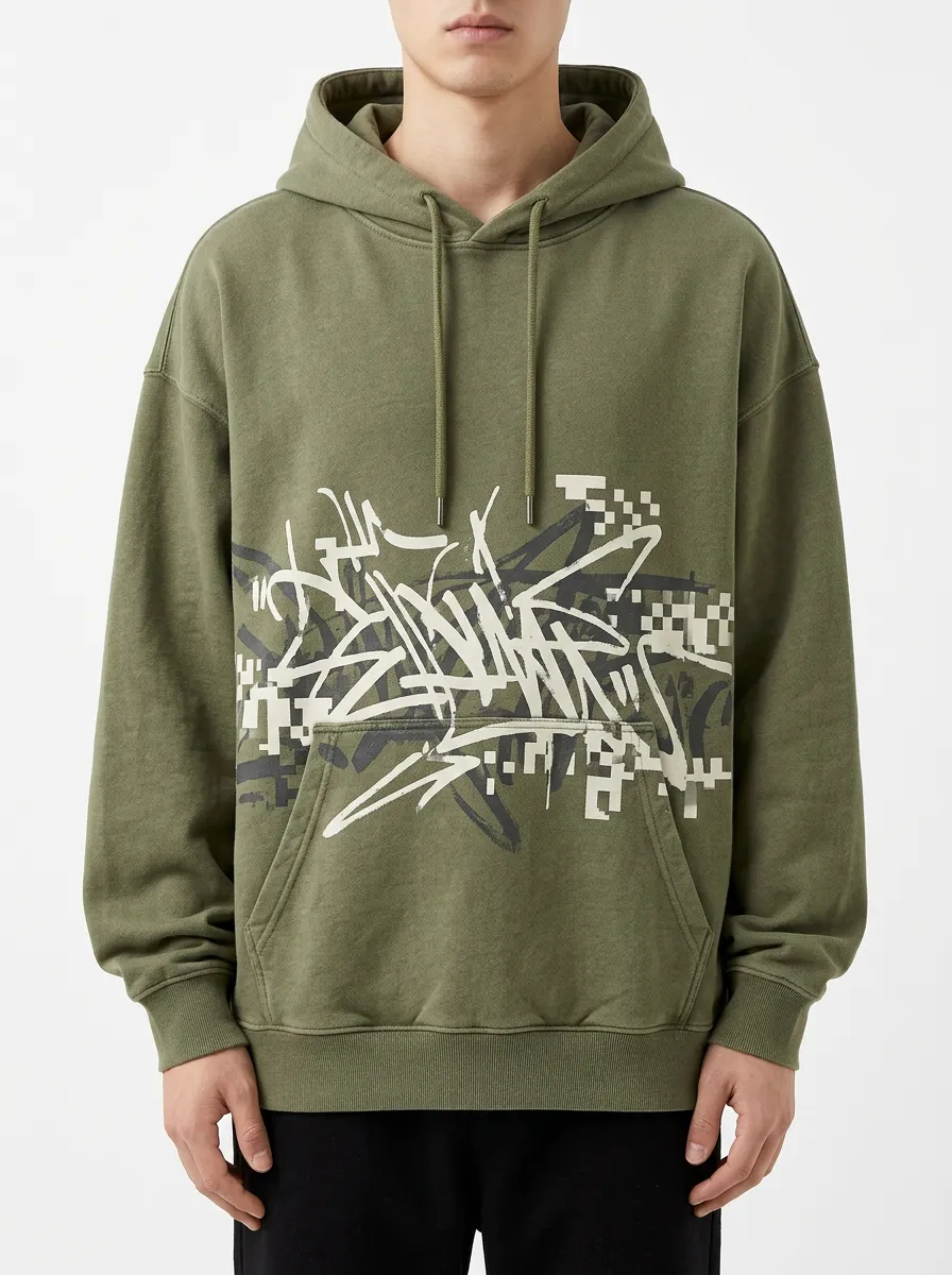 Streetwear Pixel Graffiti-Inspired Men's Graphic Hoodie