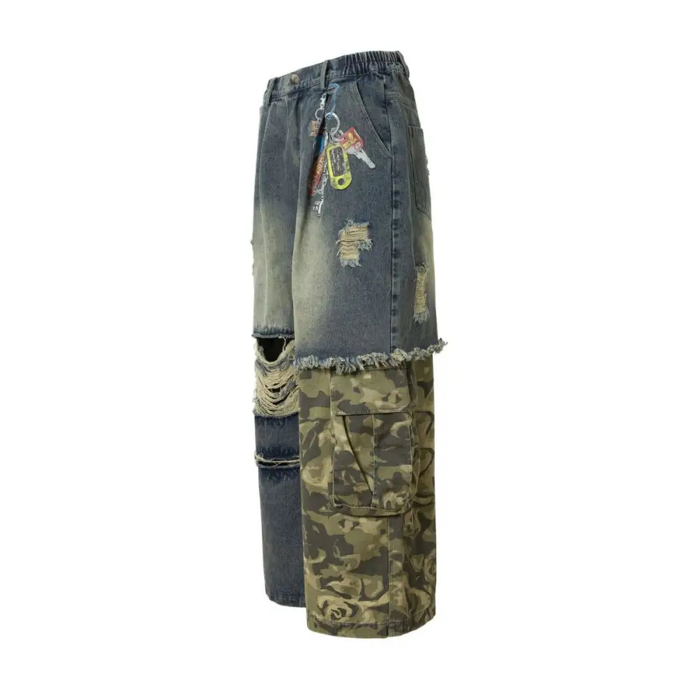 Ripped Camouflage Patchwork Denim Jeans