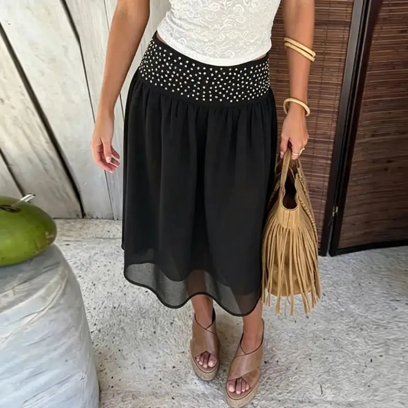 Midi Pleated Polka-Dot A-Line Skirt