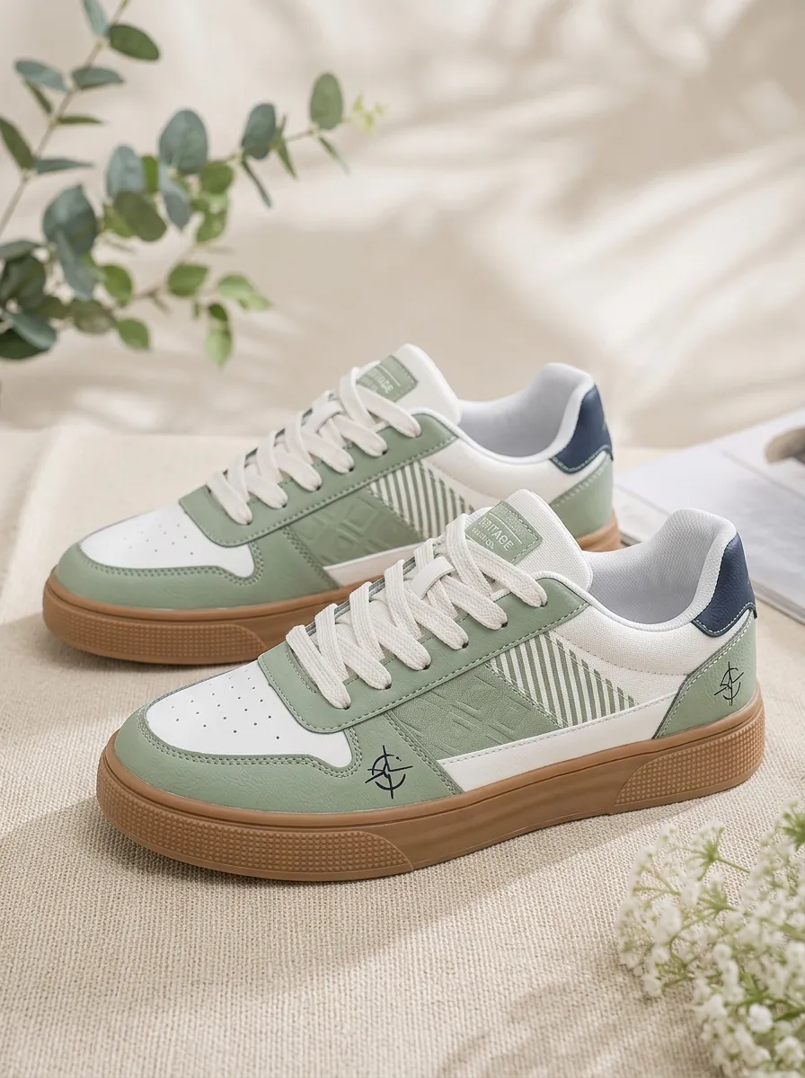 Men's Sage Green Geometric Pattern Printed Casual Sneakers