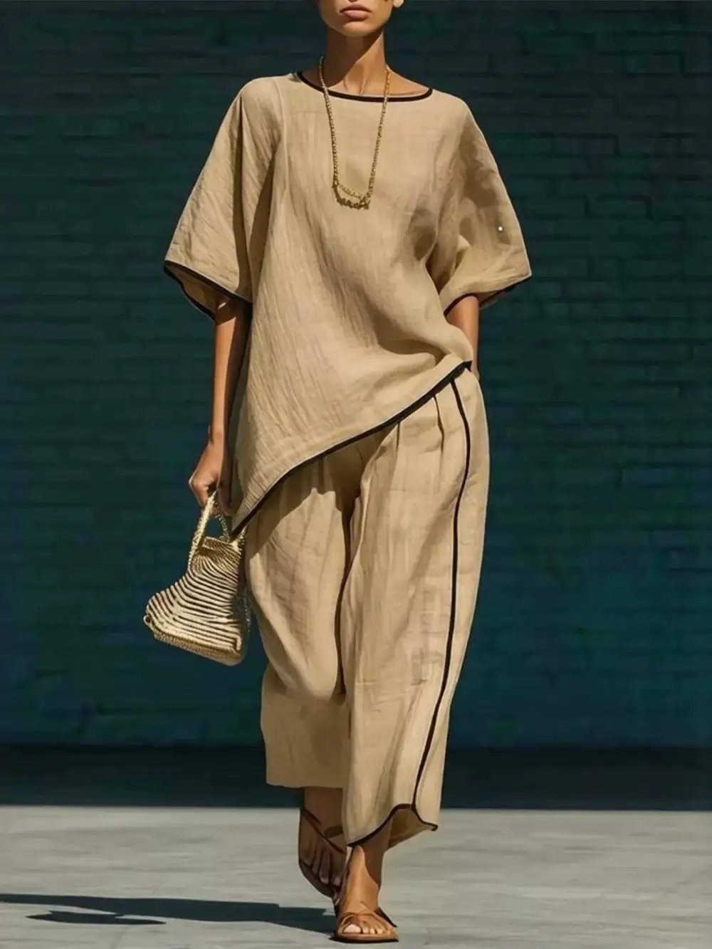 Contrast Trim Round Neck Top and Pants Set
