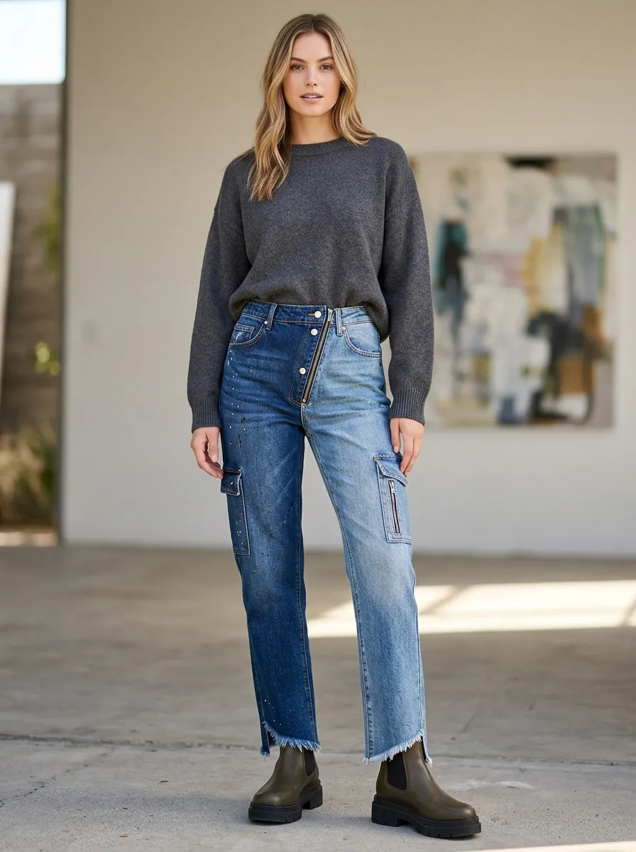 Women's Two-Tone Asymmetric Zip Cargo Denim Pants