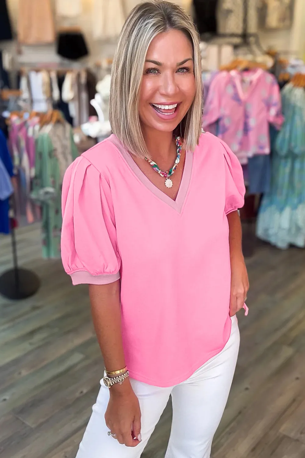 Bonbon V Neck Short Puff Blouse