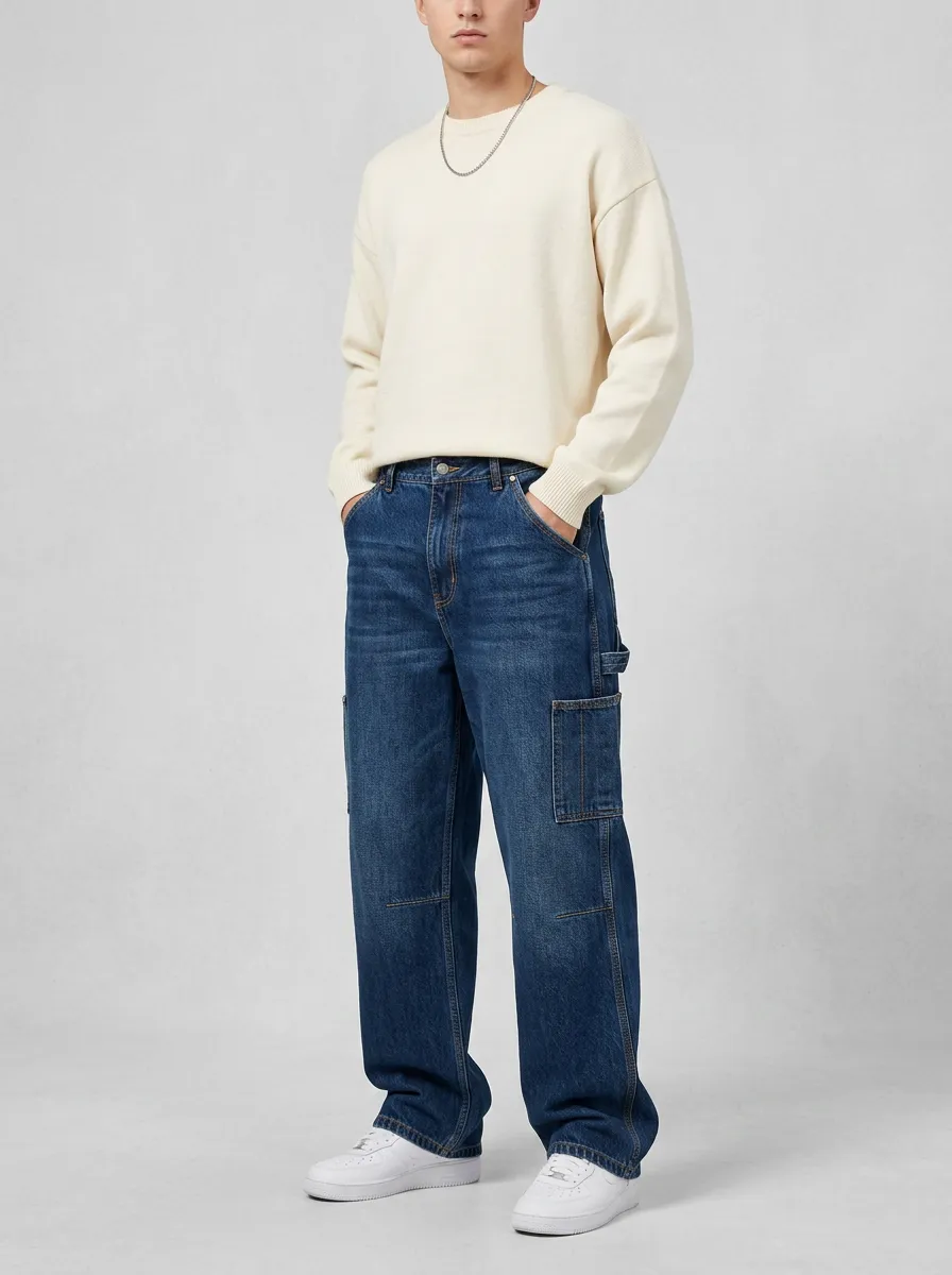 Men's Casual Streetwear Blue Denim Cargo Jeans