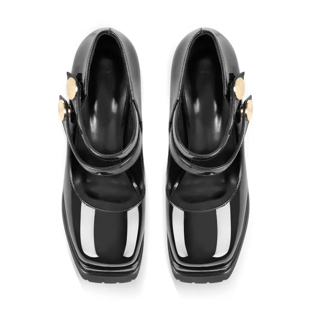 Patent Finish Square Toe Platform Chunky Heel Pumps