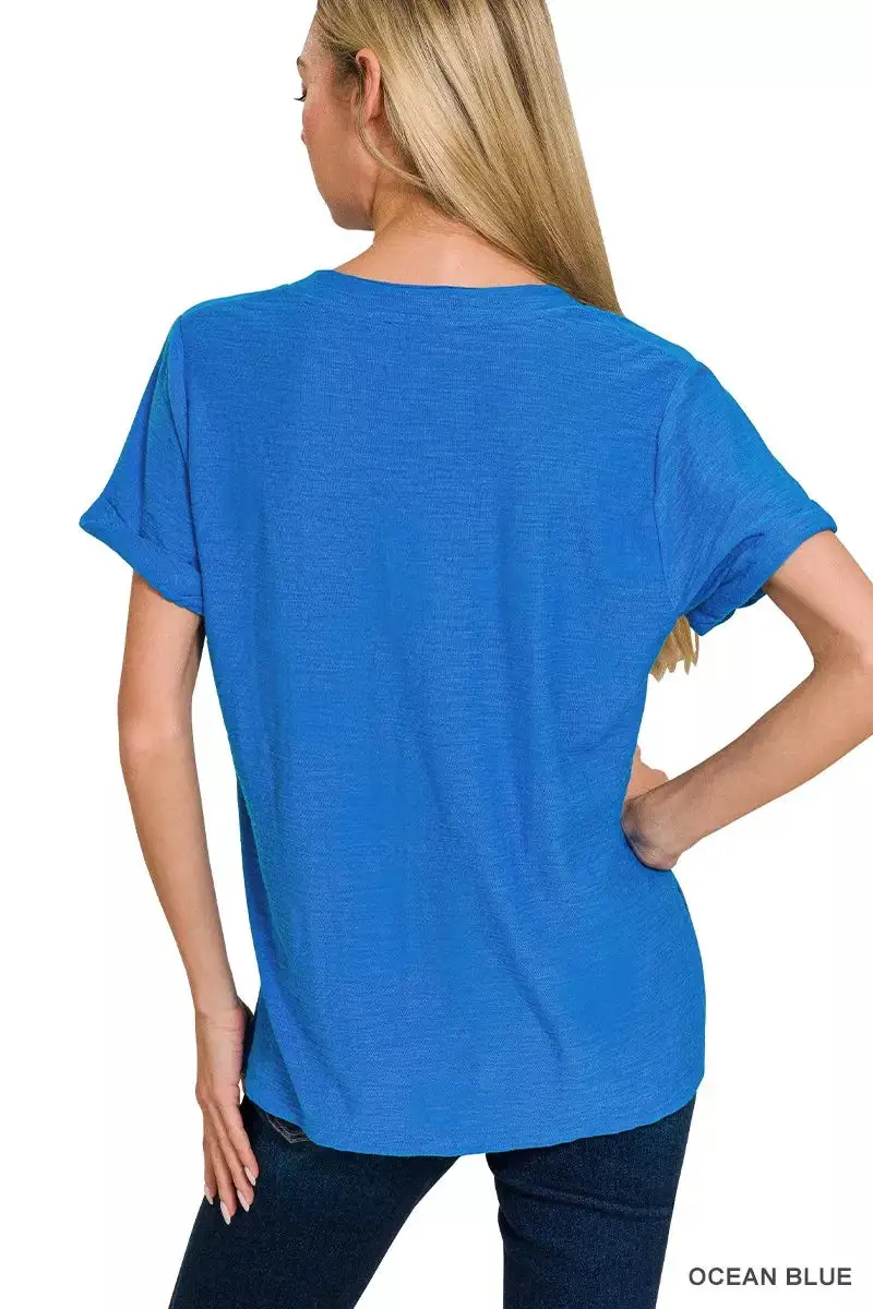 Slub Rolled Short Sleeve V-neck Tee