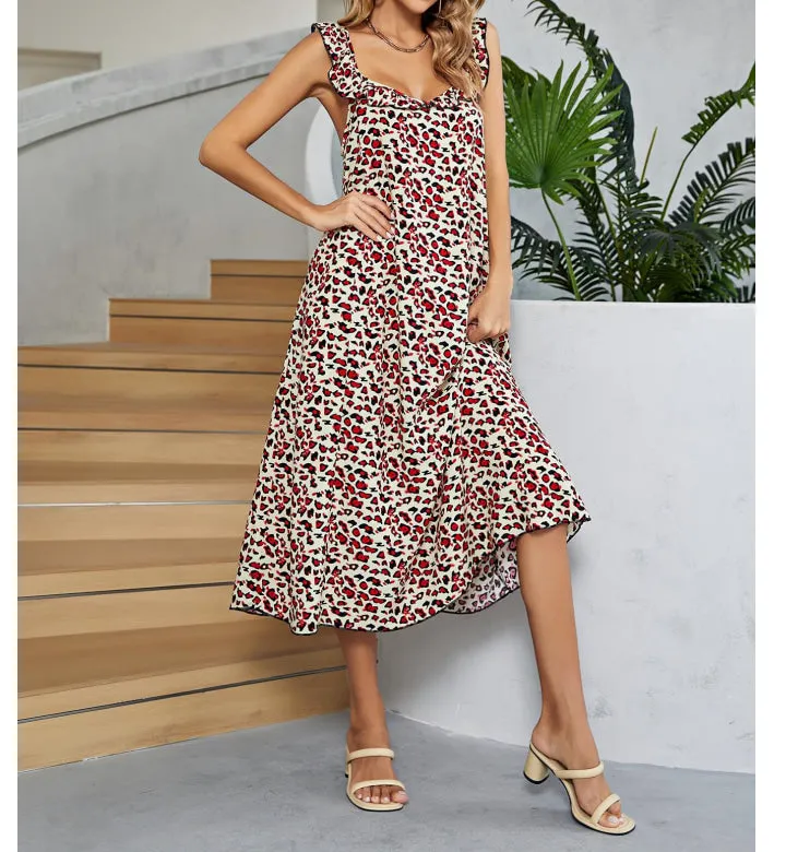 Printed Ruffled Sleeveless Midi Dress