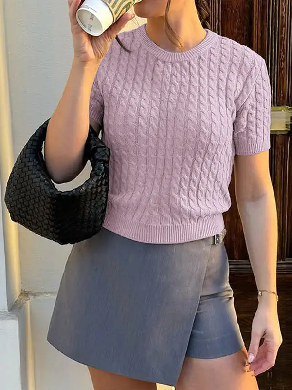 Paneled Round Neck Short Sleeve Pullover Sweater