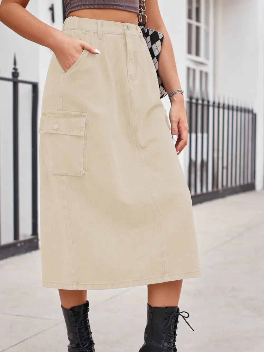 Simple Button Front Denim Detail Skirt