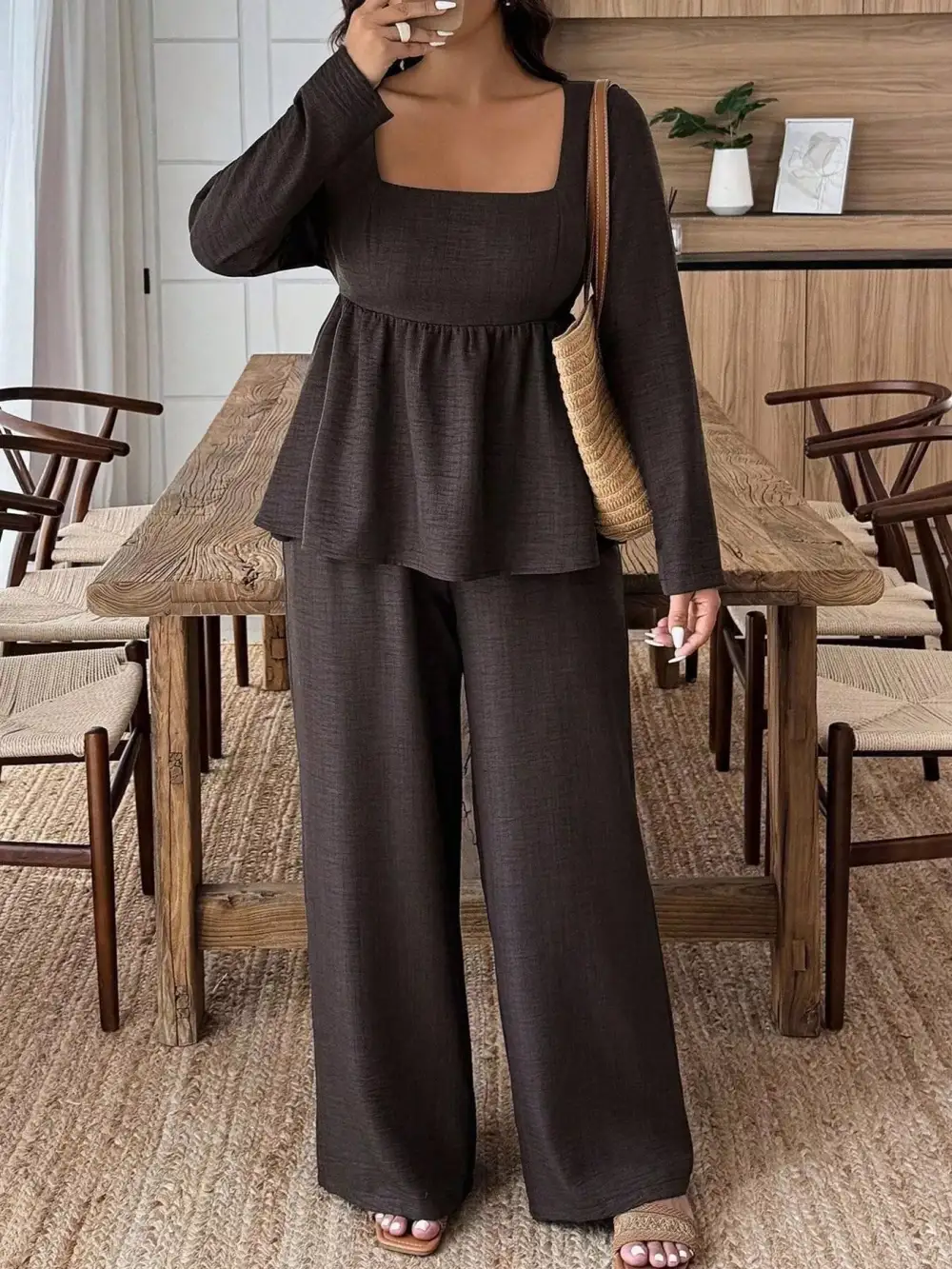 Plus Size Square Neck Long Sleeve Top and Pants