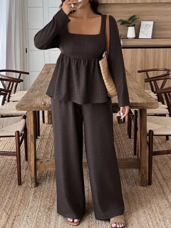 Plus Size Square Neck Long Sleeve Top and Pants