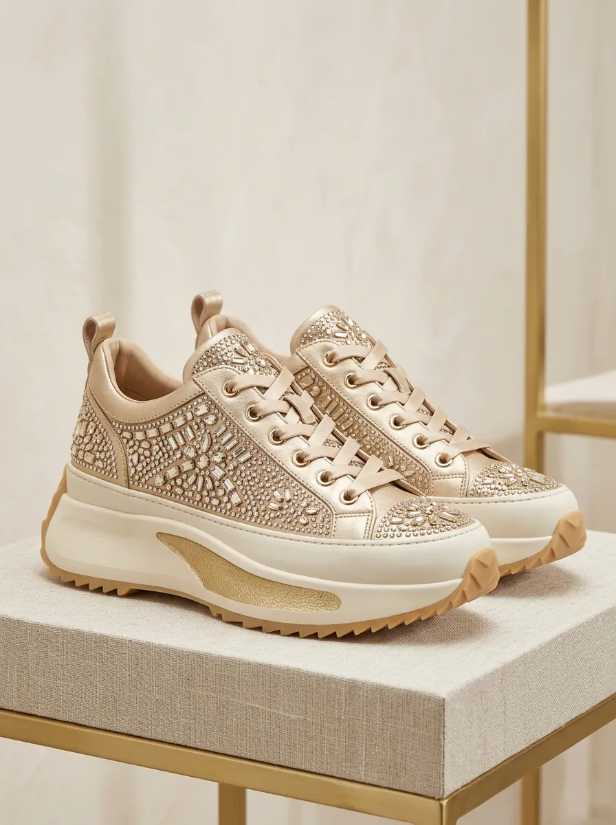 Refined Lace-Detail Lace-Up Women's Rhinestone Platform Shoes