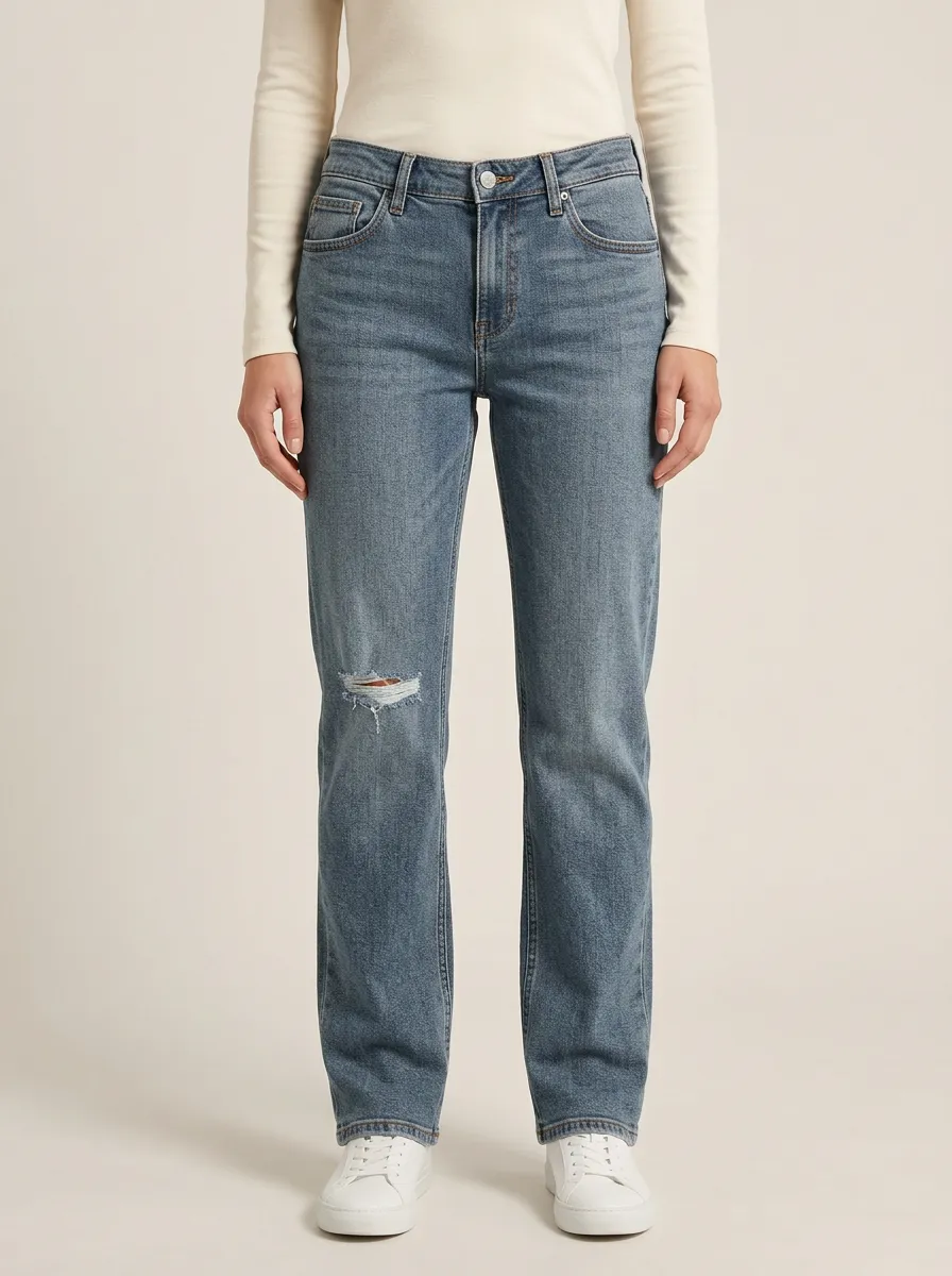 Women's Standard-Hem Right-Knee Distressed Mid-Rise Straight-Leg Jeans