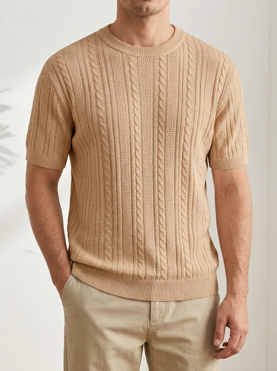 Men's Crew-Neck Cable-Knit Textured Knit T-Shirt