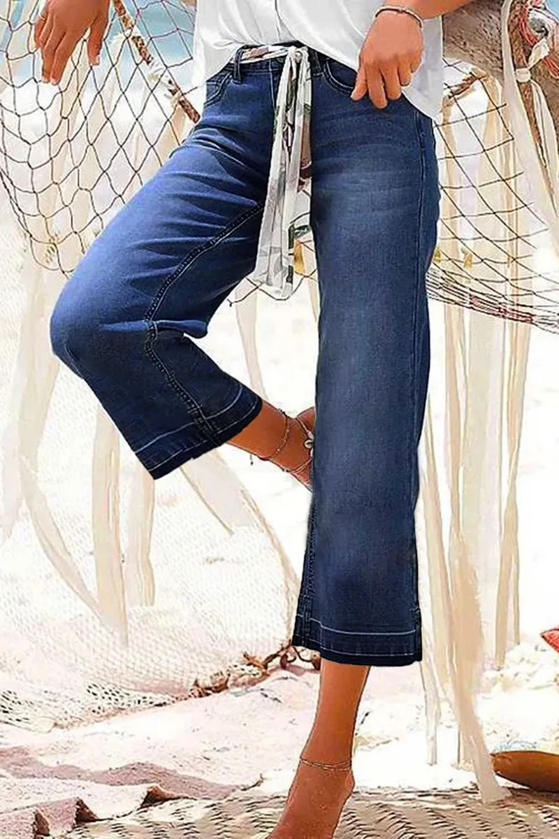 Floral Pattern Crop Flare Jeans Without Belt
