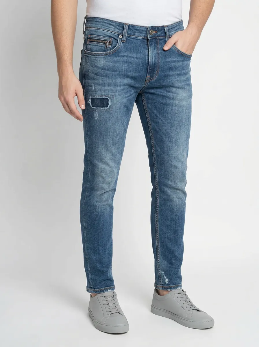 Men's Distressed Patchwork Blue Slim-Fit Jeans