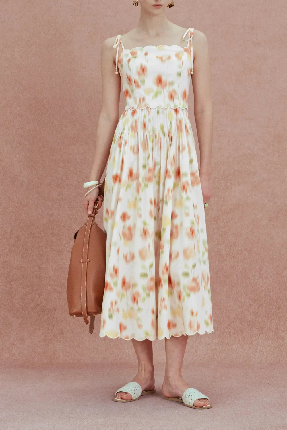 Strap Scalloped Floral Cotton Midi Dress