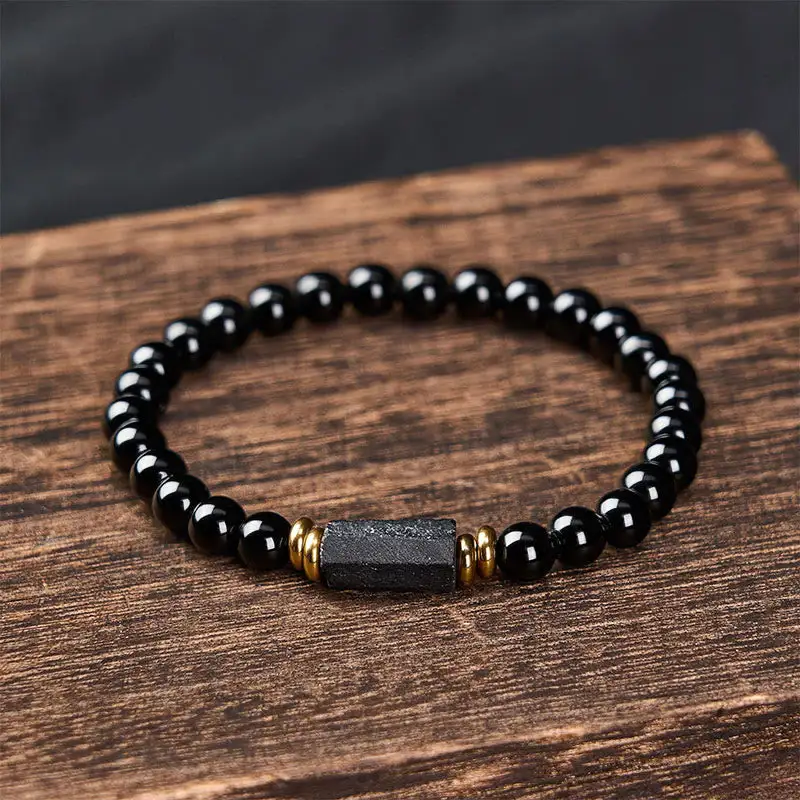 Obsidian Tourmaline Minimalist Round Bead Bracelet