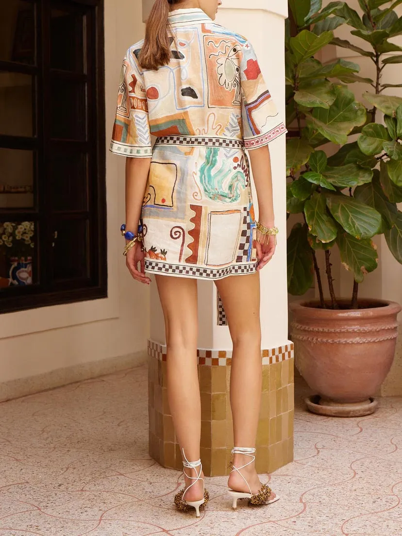 Unique Abstract Art Print Belted Mini Dress