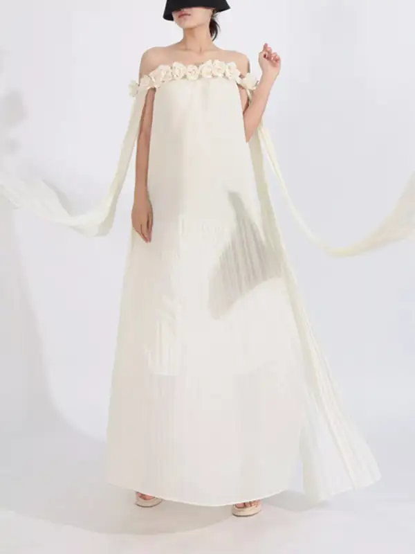 Off Shoulder Floral Pleated Maxi Dress