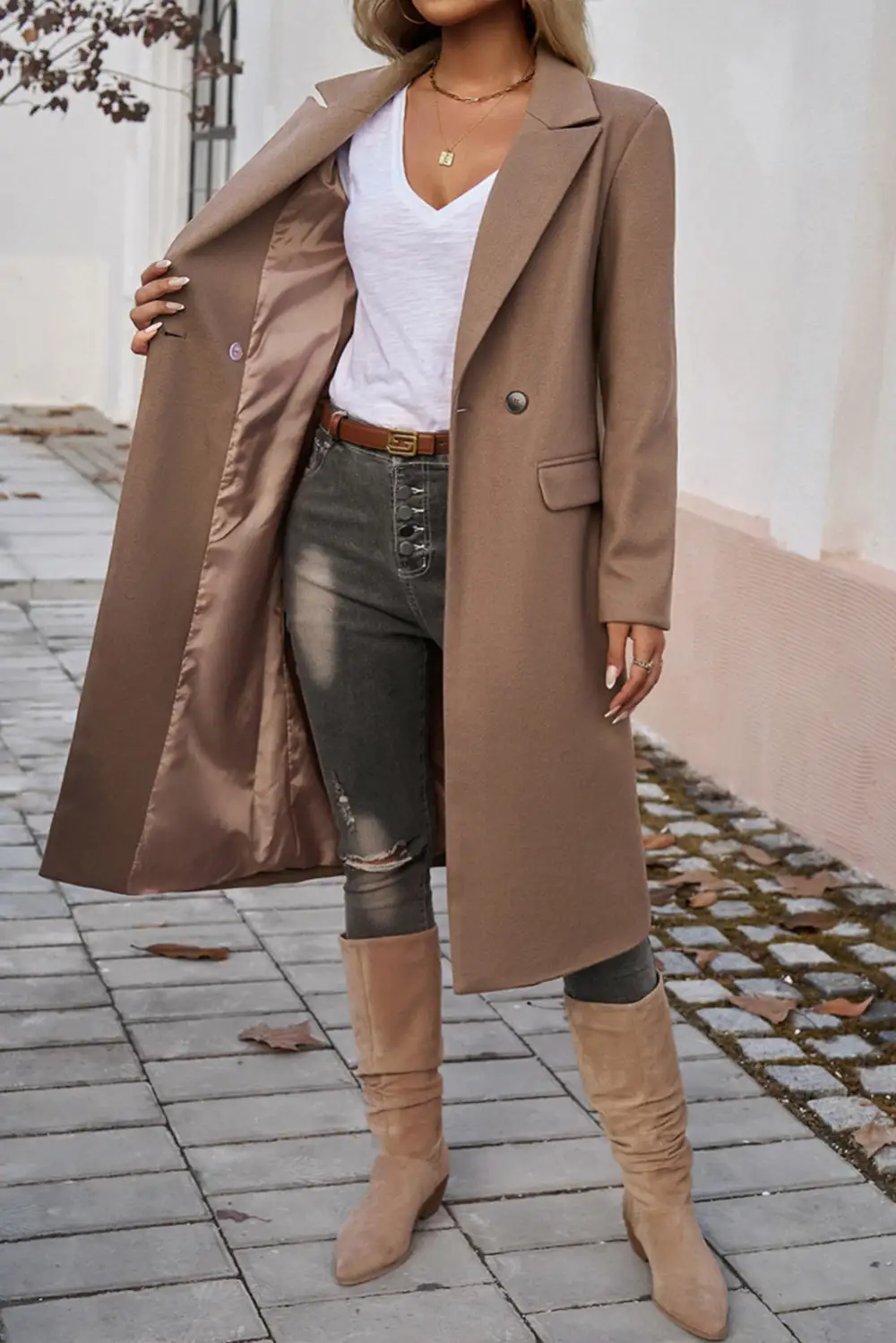 Women's Single Breasted Lapel Collar Flap Pocketed Overcoat