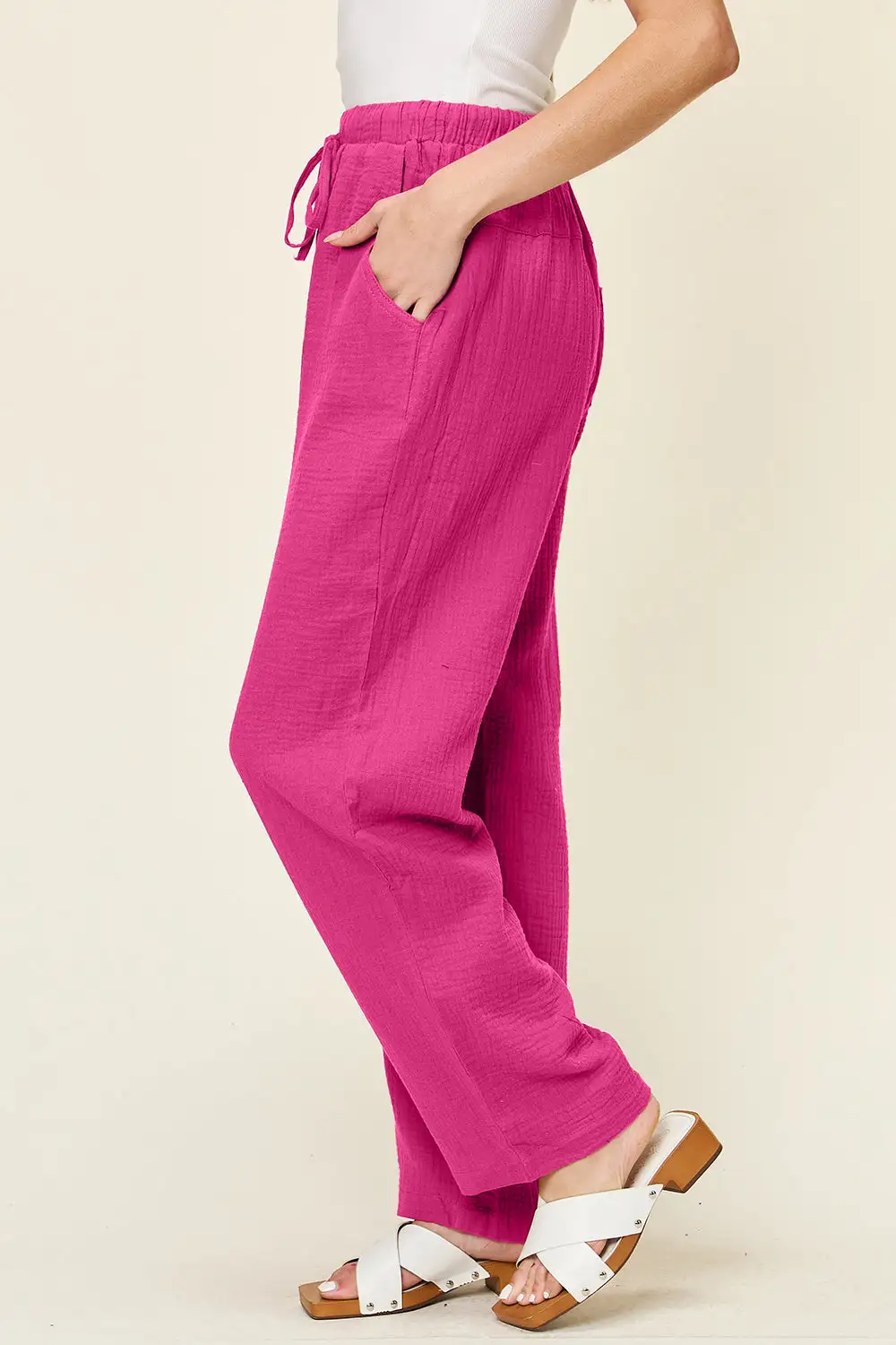 Daily Full Size Texture Drawstring Straight Pants