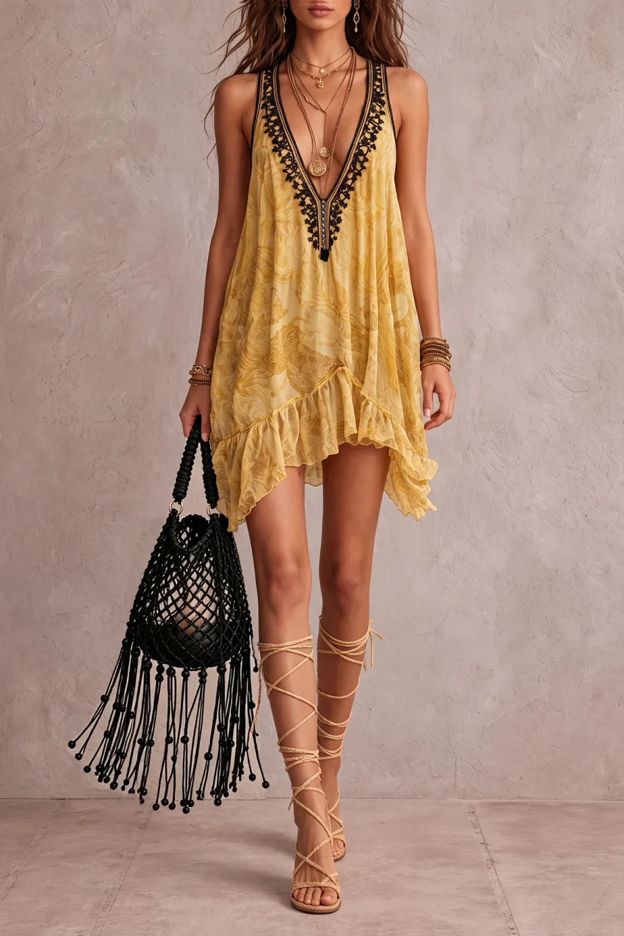Lace Trim Lace Printed Mini Dress