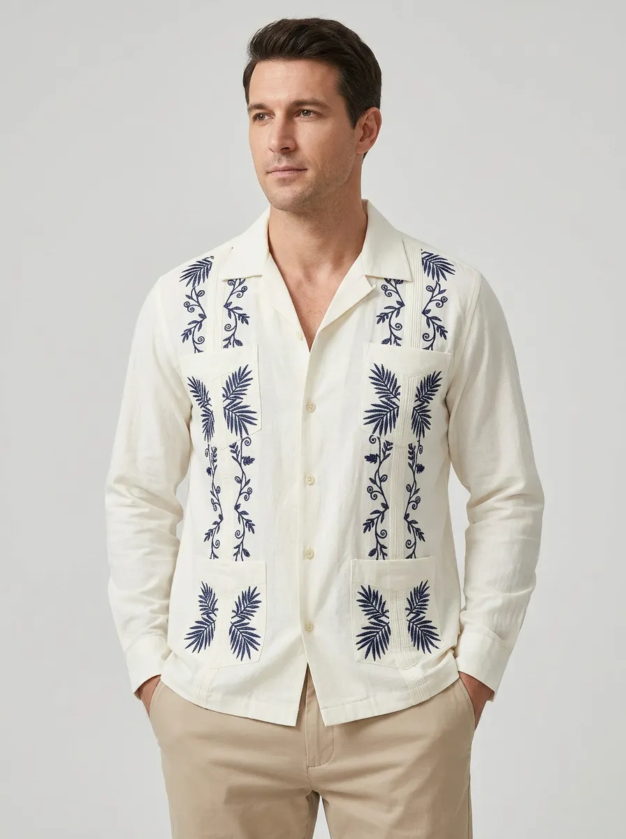 Men's Resort Inspired Botanical Embroidered Shirt