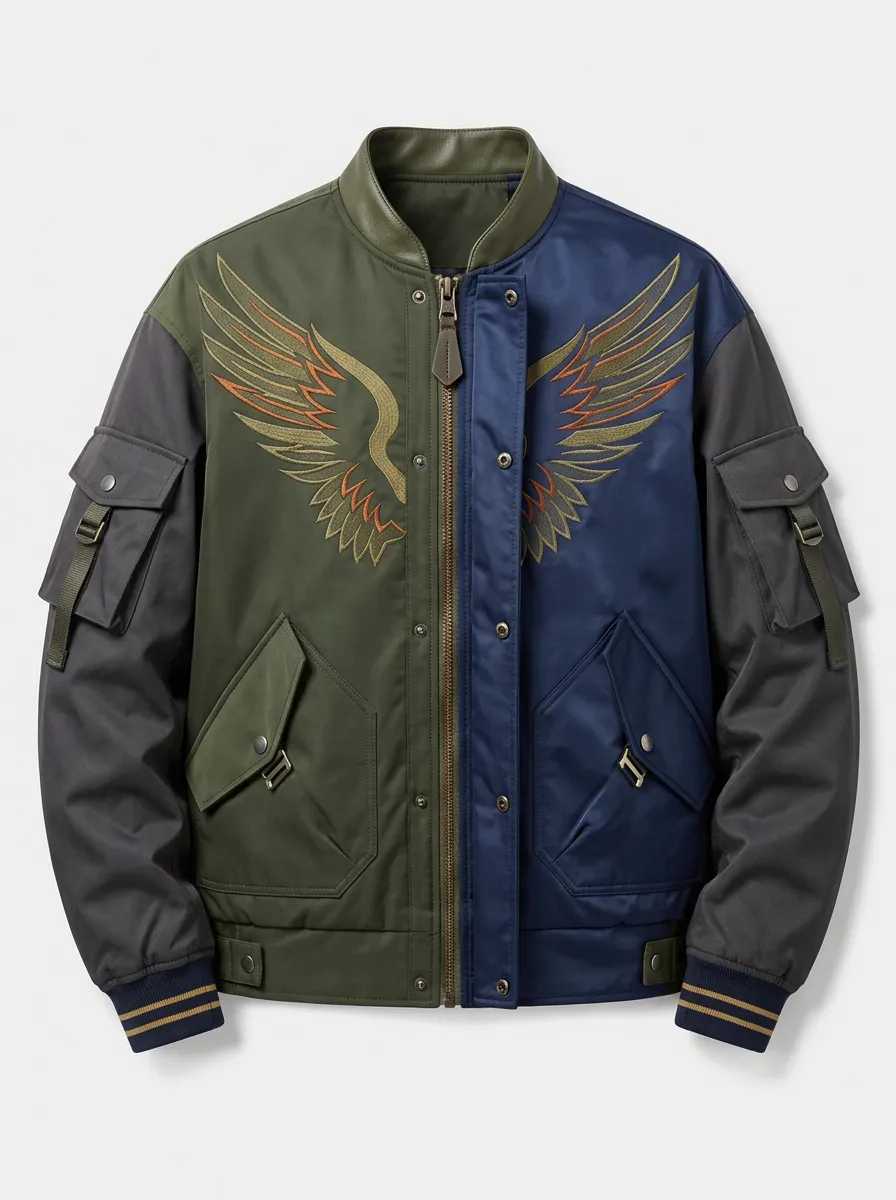 Men's Military Style Eagle Wing Embroidered Bomber Jacket