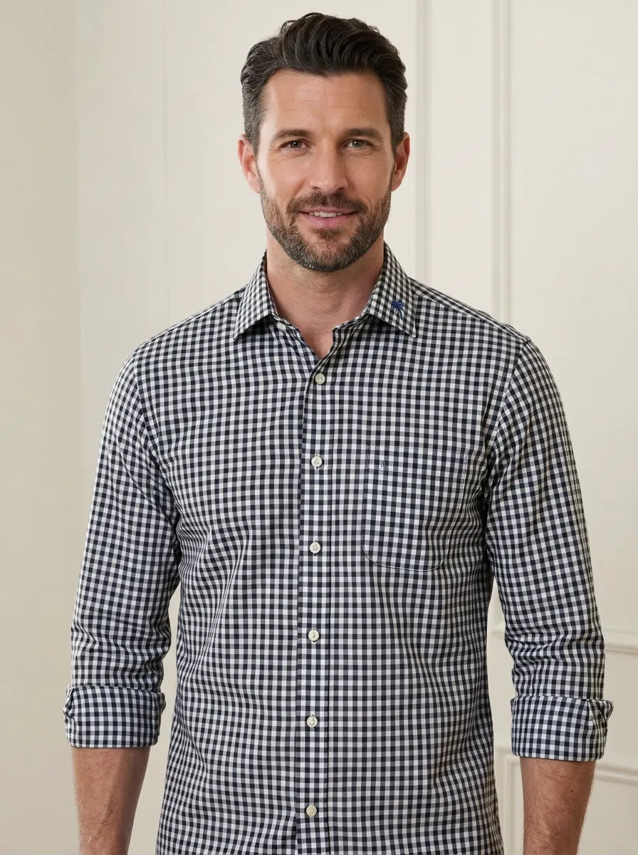 Men's Non-Iron Cotton Blue Gingham Palm Tree Embroidered Shirt