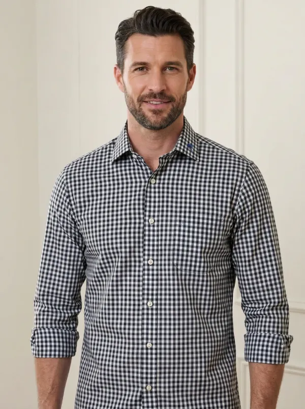 Men's Non-Iron Cotton Blue Gingham Palm Tree Embroidered Shirt