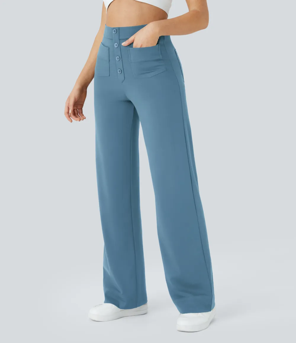 High Waisted Button Multiple Pockets Straight Leg Casual Pants