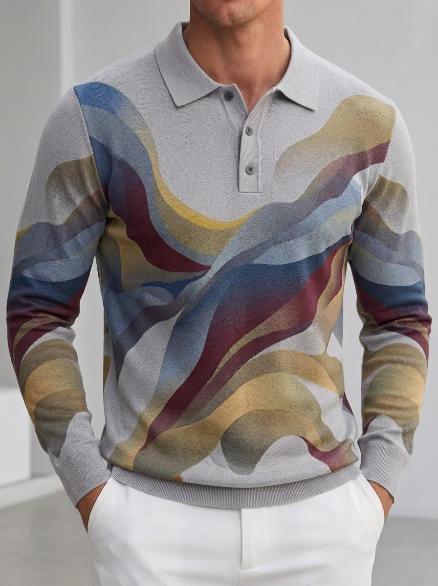 Men's Abstract Wave Pattern Printed Long Sleeve Polo Shirt Everyday Design