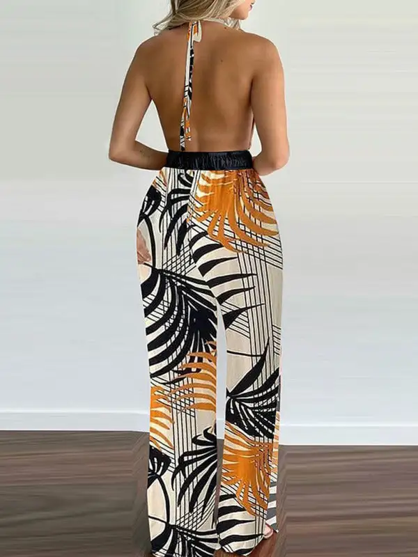 Irregular Printed Halter Neck Jumpsuit