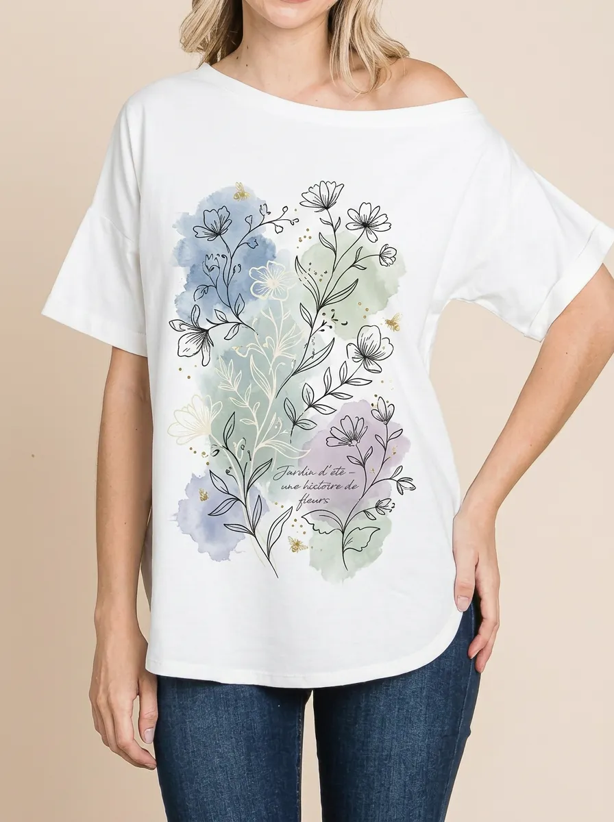 Women's Floral Garden Bee Watercolor Printed T-shirt