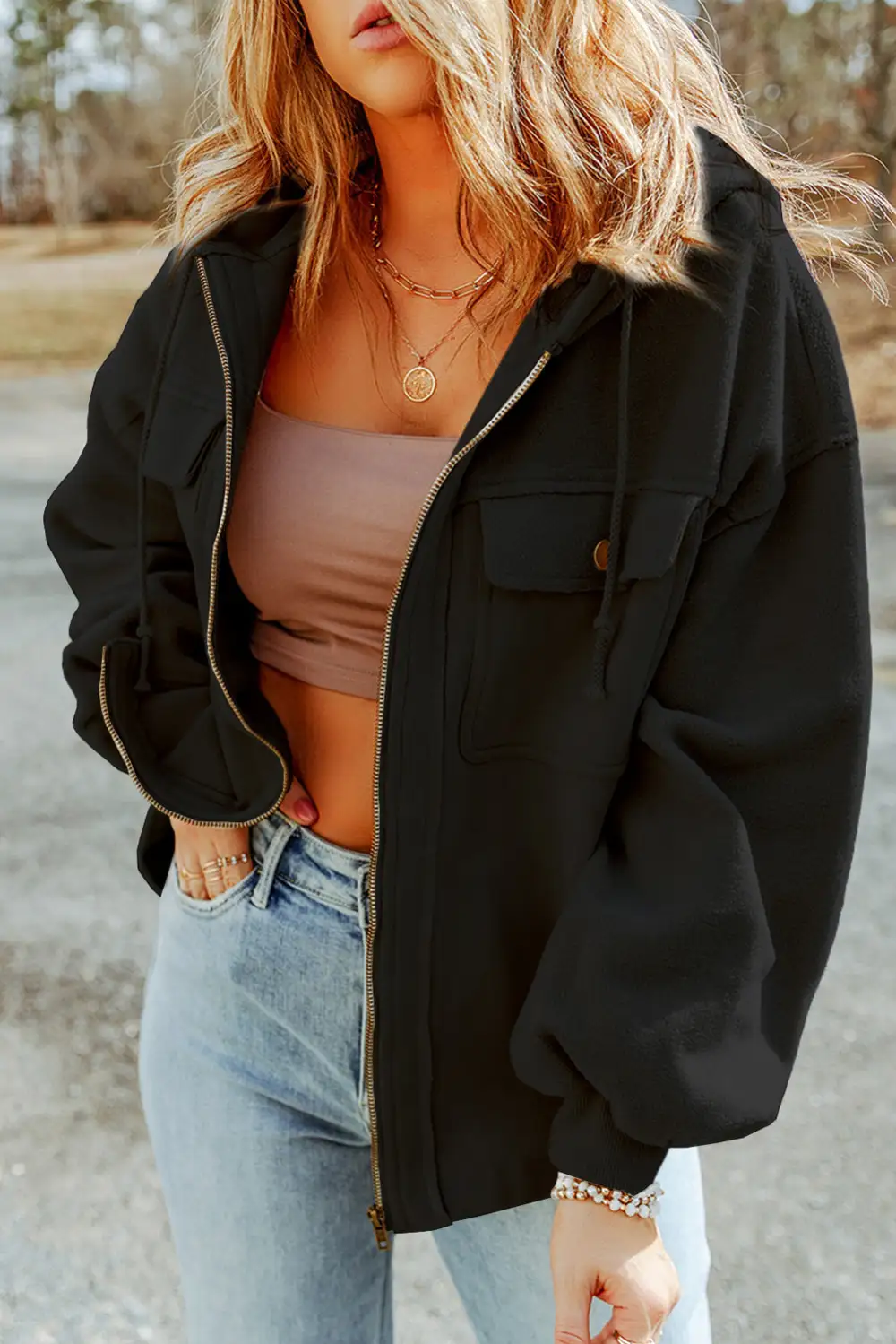 Flap Pocket Drawstring Hood Zip-Up Jacket