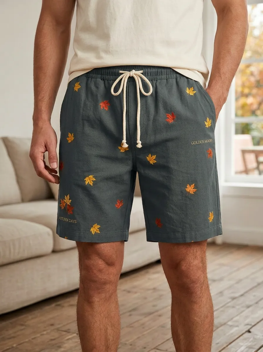 Olive Leaf-embroidered Drawstring Shorts