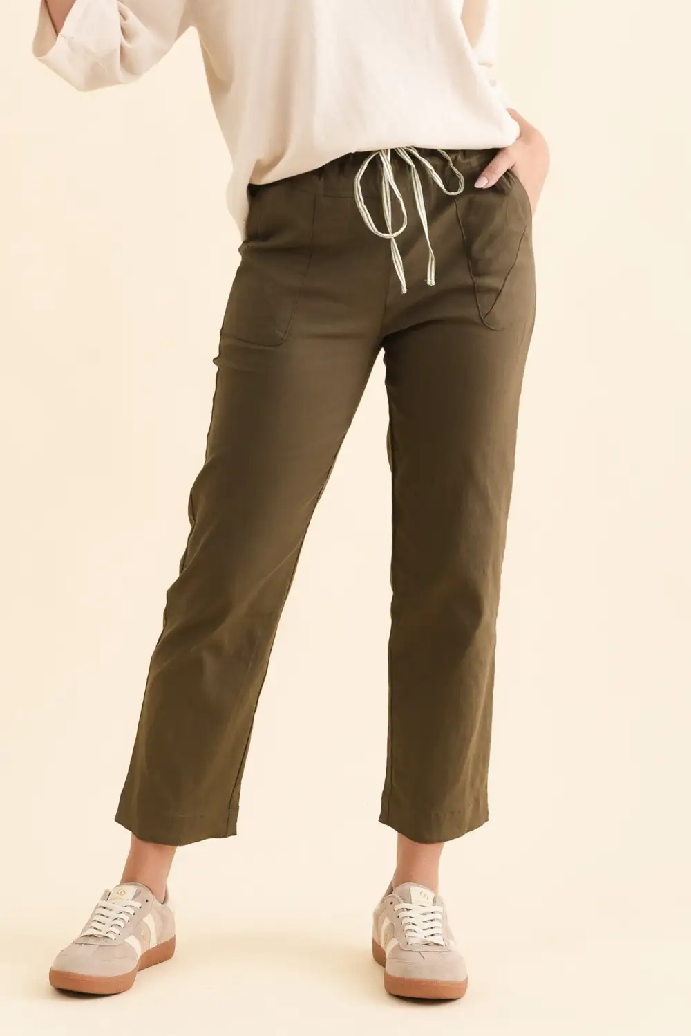 Linen Blend High Rise Drawstring Pants
