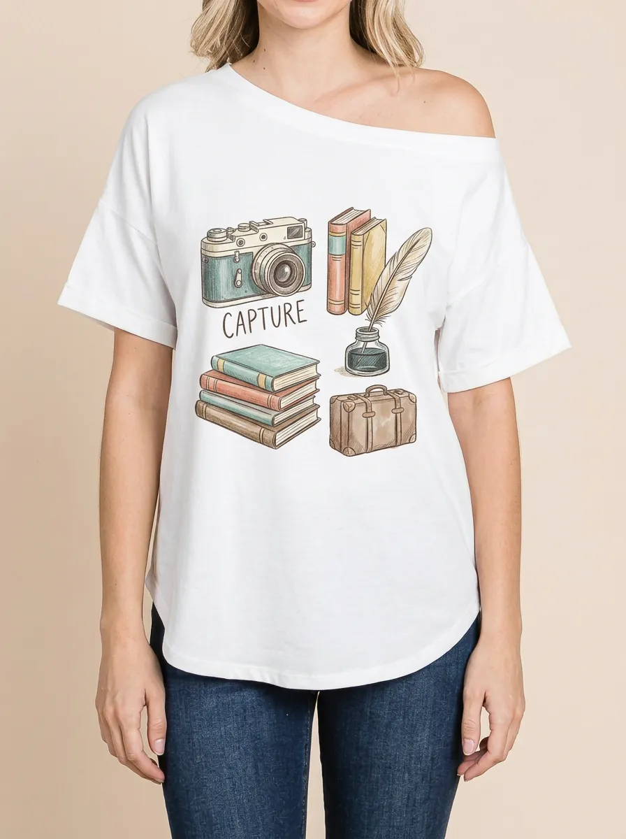 Women's Writer Photographer Capture Books Quill Graphic T-Shirt