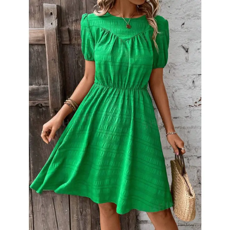 Ruched Round Neck Short Sleeve Mini Dress