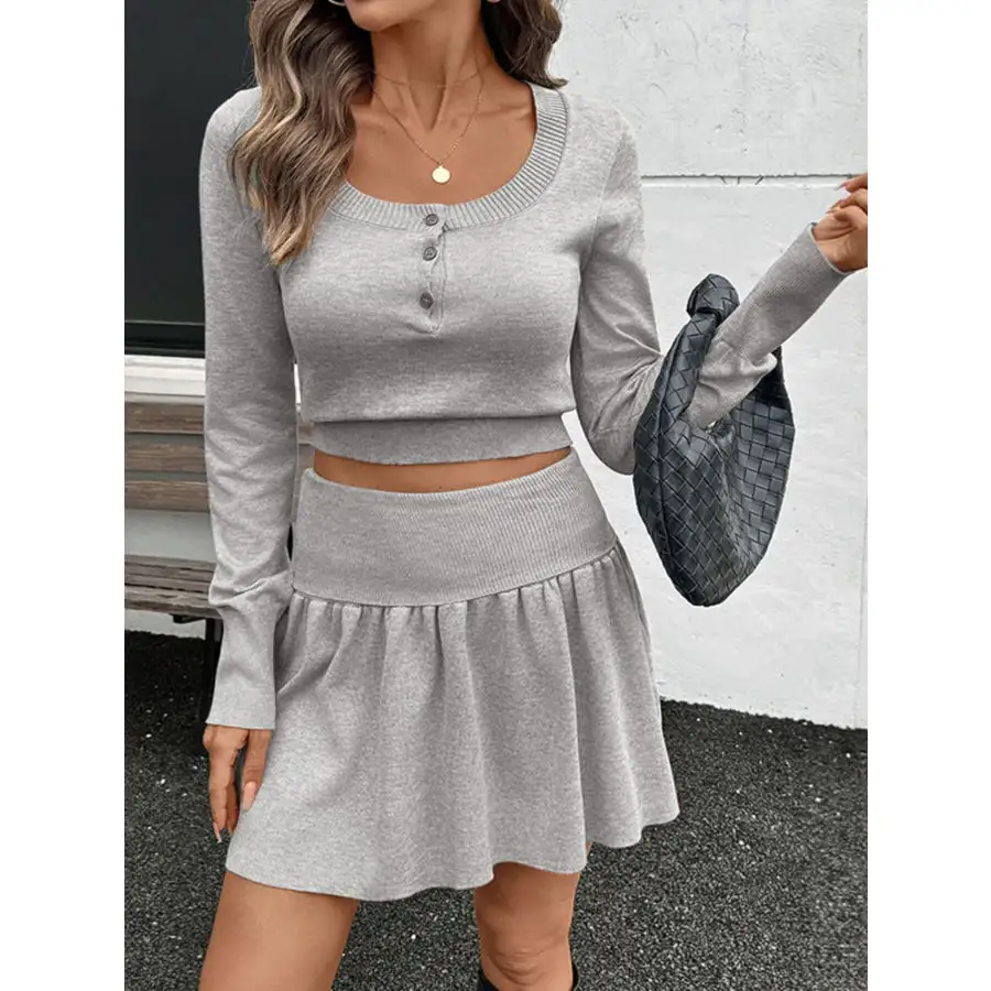 Ribbed Long Sleeve Top and Skirt Knit Set